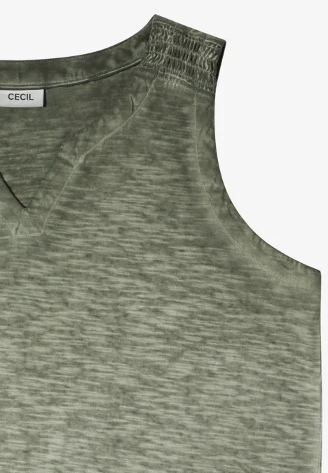Ärmelloses, olivgrünes Damen-Top mit dezent melierter Struktur und rundem Halsausschnitt.