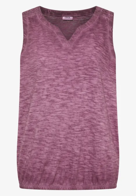 Ärmelloses Feinstrick-Top in melierter Violett-Nuance mit V-Ausschnitt.