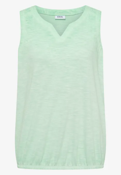 Ärmelloses mintgrünes Top mit V-Ausschnitt und elastischem Saum.