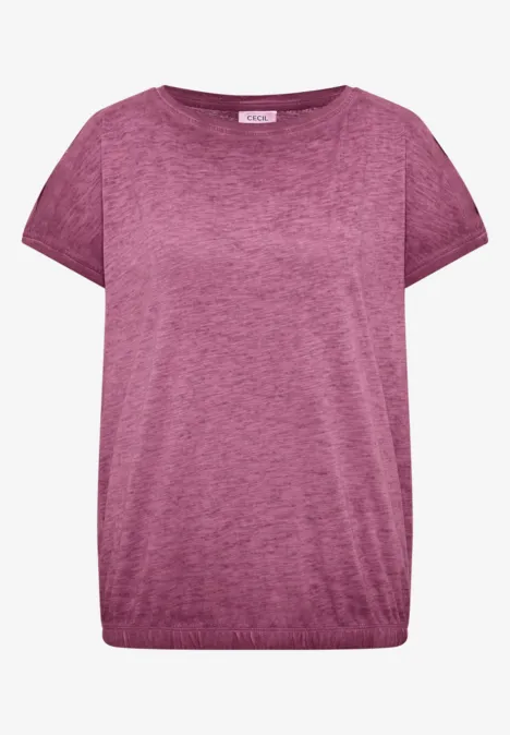 Schlichtes, kurzärmeliges Damen-T-Shirt in melierter Pink-Optik mit Rundhalsausschnitt.