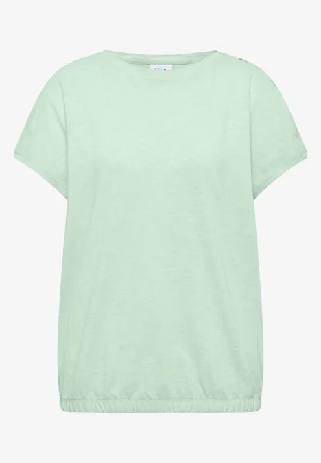 Pastellgrünes, kurzärmeliges Damen-T-Shirt mit elastischem Saum.