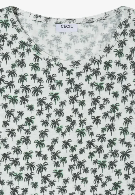 Witte top met groen palmbomenmotief en CECIL-label bij de hals.