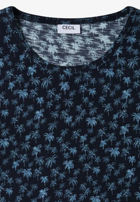 Donkerblauw T-shirt met lichtblauwe palmprint, korte mouwen, ronde hals en binnenlabel « CECIL ».