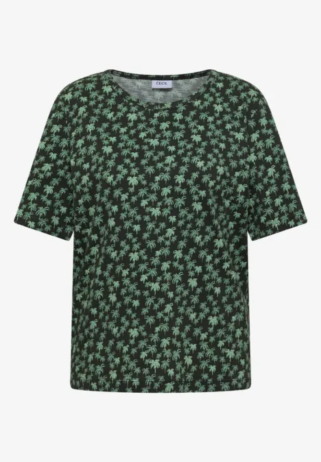 Loszittend groen T-shirt met klein wit-groen bloemenpatroon