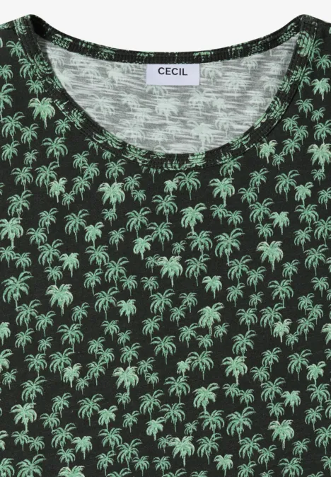 Zwart T-shirt met ronde hals en groen palmbomenpatroon, merk CECIL.
