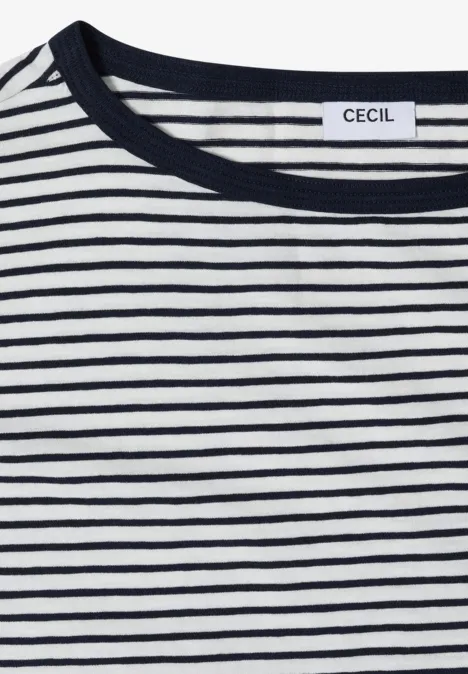 Weiß-schwarz gestreiftes Shirt mit Rundhalsausschnitt und CECIL-Label.