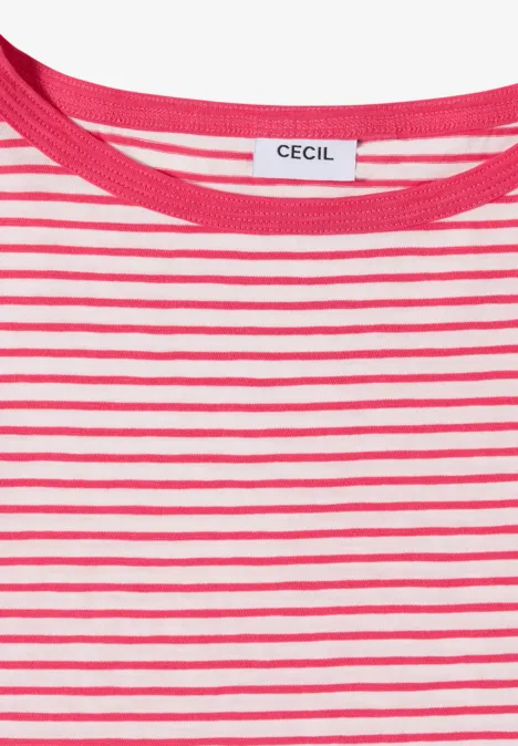 Pink-weiß gestreiftes T-Shirt mit Rundhalsausschnitt und Markenlabel am Nacken