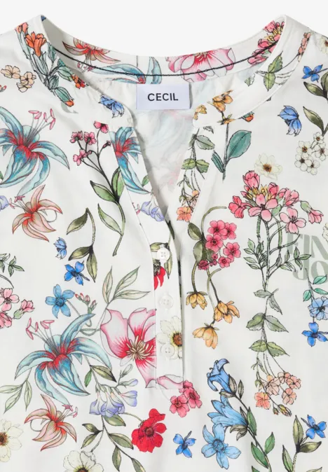 Weiße Bluse mit buntem Blumenmuster und kurzer Knopfleiste, Label CECIL sichtbar.