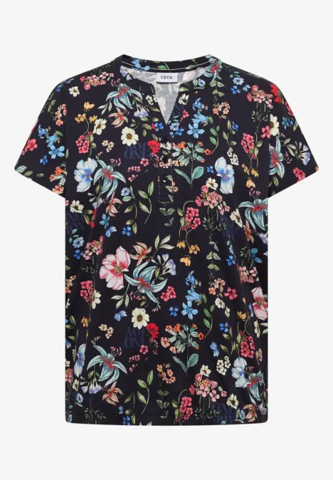 Zwart T-shirt met kleurrijke bloemenprint, korte mouwen, V-hals.