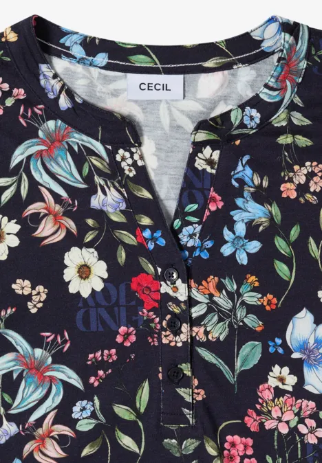 Donkerblauw damesbovenstuk met V-hals en kleurrijk bloemenpatroon van CECIL.
