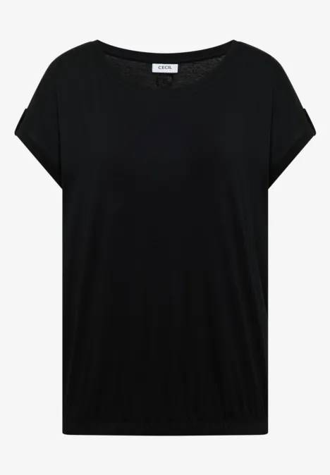 Schwarzes, kurzärmeliges T-Shirt mit rundem Halsausschnitt.