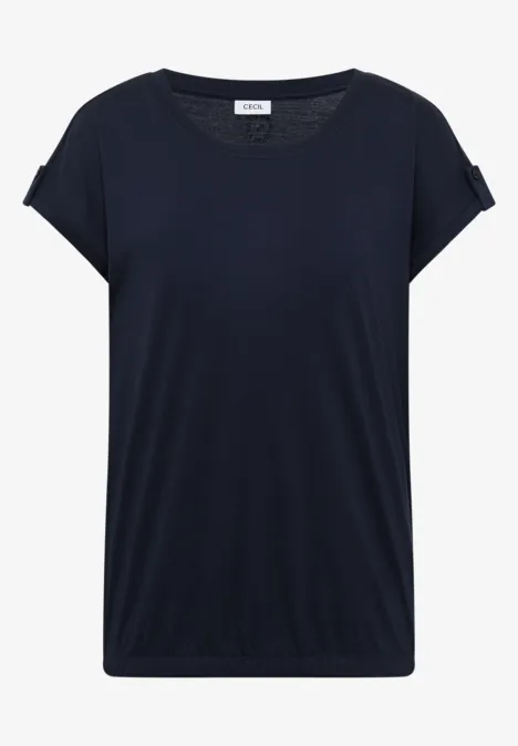 T-shirt marine à coupe décontractée, encolure bateau et manches courtes retroussées.