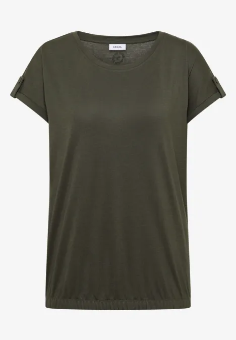 Ein schlichtes, olivegrünes Damen-T-Shirt mit legerem Schnitt, kurzen umgeschlagenen Ärmeln und Rundhalsausschnitt.