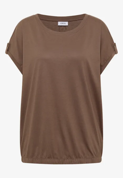 Haut marron pour femme, coupe ample, manches courtes, encolure ronde et ourlet élastiqué.