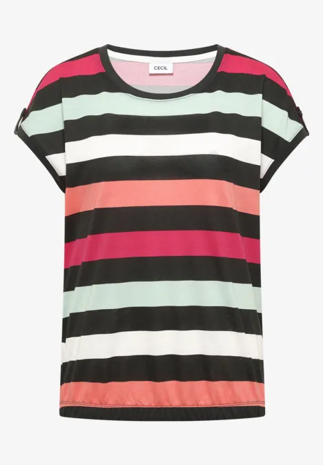 Kurzärmeliges T-Shirt mit bunten horizontalen Streifen in Schwarz, Weiß, Mintgrün, Koralle und Pink.