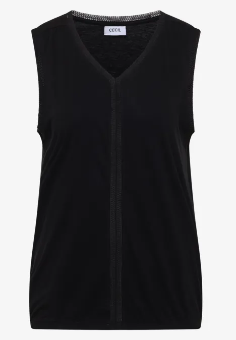 Haut sans manches noir avec encolure en V et couture centrale verticale.