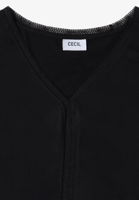 T-shirt noir à col en V avec étiquette CECIL.