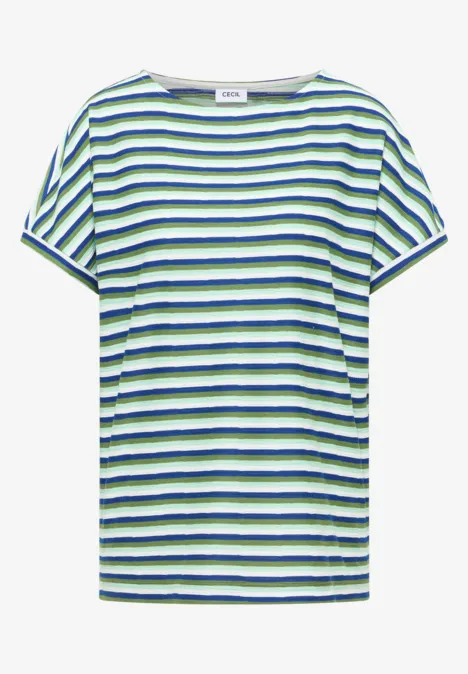 Weißes T-Shirt mit horizontalen grünen und blauen Streifen und kurzen Ärmeln.