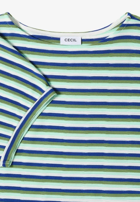 Ein kurzärmliges T-Shirt mit weißen, grünen und blauen Streifen.