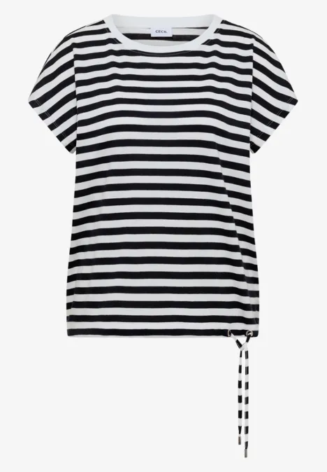 Zwart-wit gestreept T-shirt met korte mouwen en sierkoordje aan de zijkant