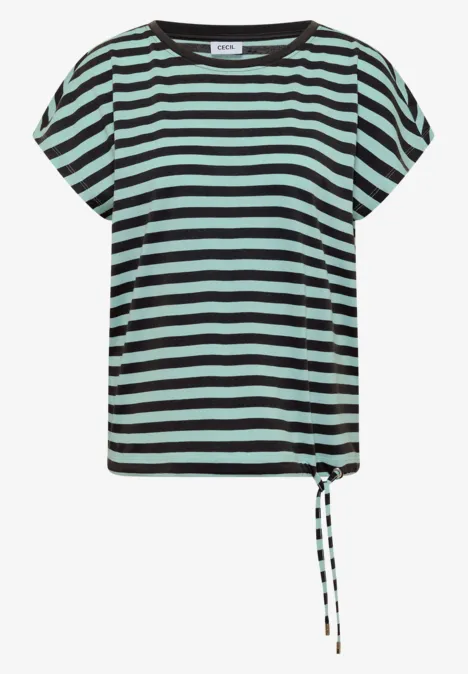 Gestreiftes T-Shirt mit kurzen Ärmeln und seitlicher Kordel in Schwarz und Mintgrün.