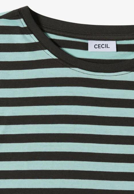 Gestreiftes T-Shirt mit schwarzen und mintfarbenen Streifen und Rundhalsausschnitt.