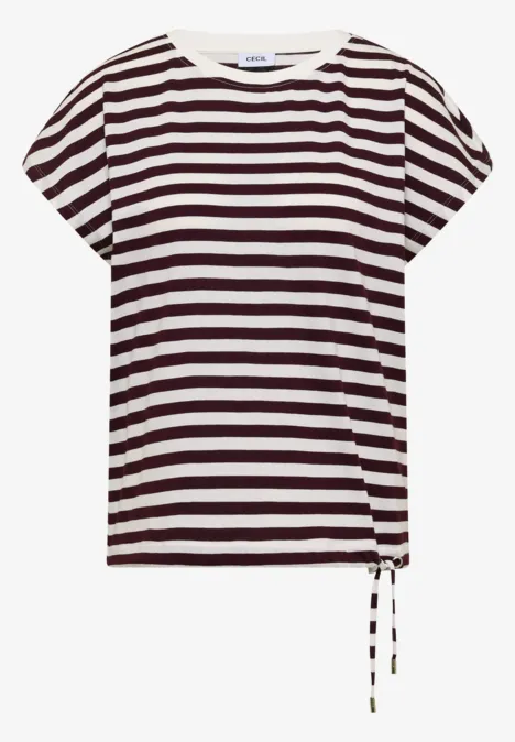 Kurzes T-Shirt mit weißen und dunkelroten Querstreifen und seitlichem Knoten-Detail.