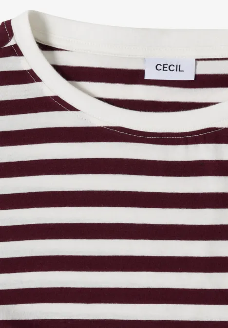 Weiß-bordeaux gestreiftes Shirt mit Rundhalsausschnitt und CECIL-Label
