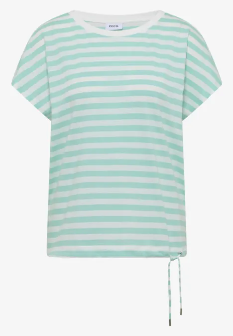 Kurzarm-Shirt mit mintgrün-weißen Streifen und seitlichem Tunnelzug am Saum.