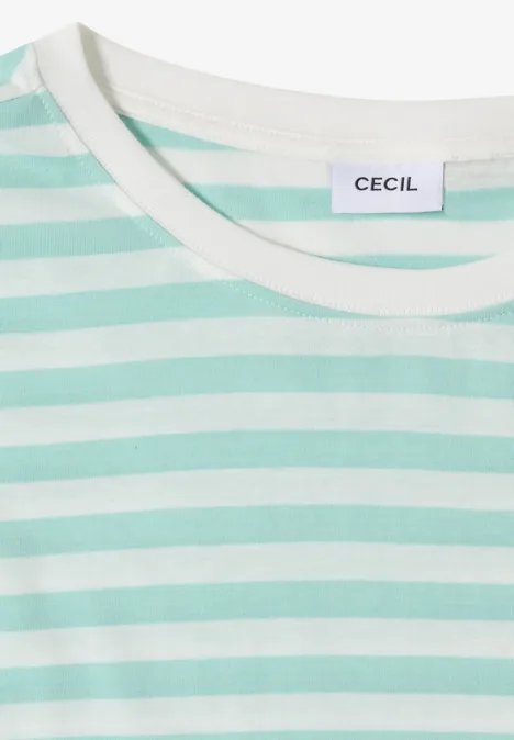 Ein mintgrün-weiß geringeltes T-Shirt mit Rundhalsausschnitt und Etikett 'CECIL'.