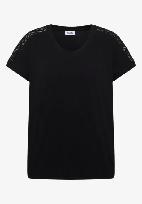 Schlichtes schwarzes Damen-T-Shirt mit Spitzenbesatz auf den Schultern.