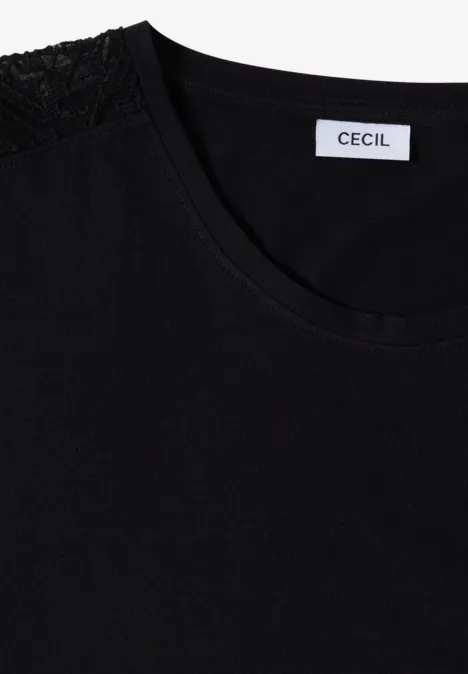 Schwarzes T-Shirt mit V-Ausschnitt und Spitzenbesatz an der Schulter, Marke CECIL.
