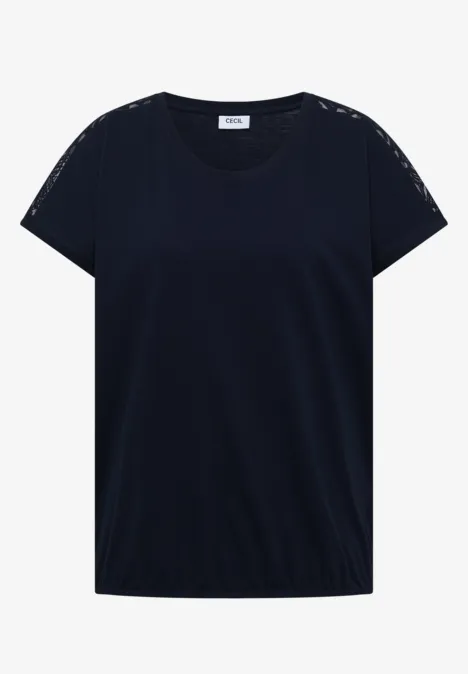 Schwarzes T-Shirt mit kurzen Ärmeln und Rundhalsausschnitt.