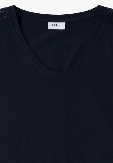 Dunkelblaues Damen-Shirt mit Rundhals, Spitzen-Einsätzen an den Schultern und CECIL-Label im Nacken.