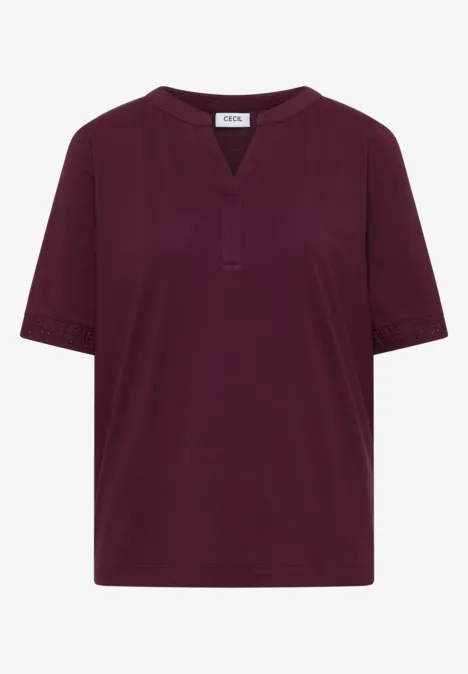 Effen donkerrood T-shirt met korte mouwen en V-hals