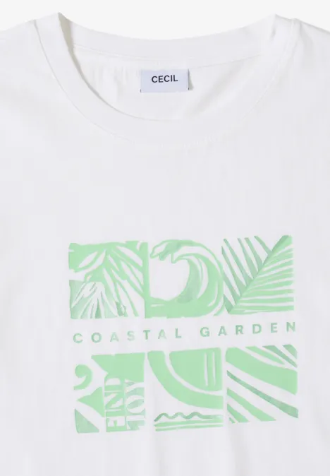 Weißes T-Shirt mit grünem Linienmuster und Schriftzug "Coastal Garden".