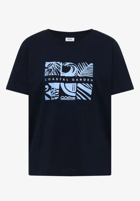 Schwarzes T-Shirt mit hellblauem tropischem Blätter-Print und Aufschrift 'Coastal Garden'