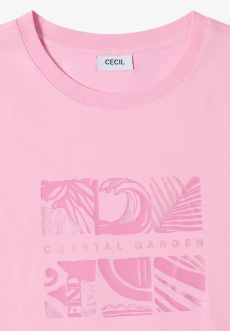 Rosa Damen T-Shirt mit Rundhals, Markenlabel CECIL und grafischem Coastal Garden Print.