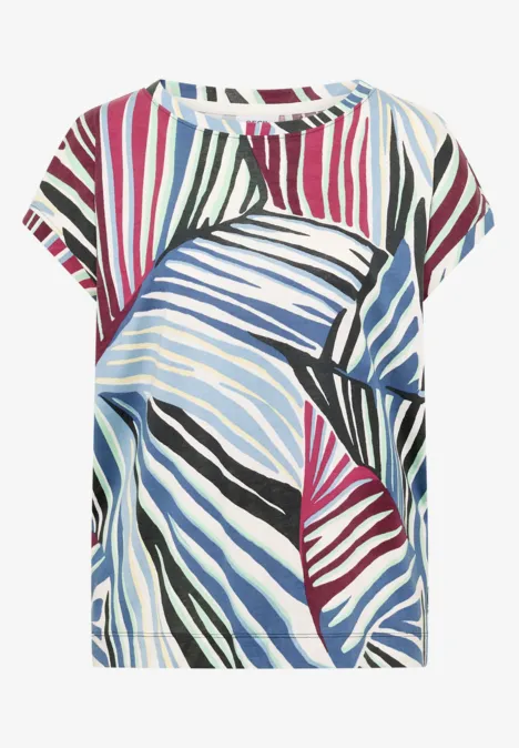 Kurzarm-Shirt mit abstraktem Streifenmuster in Blau, Rosa, Schwarz und Weiß.