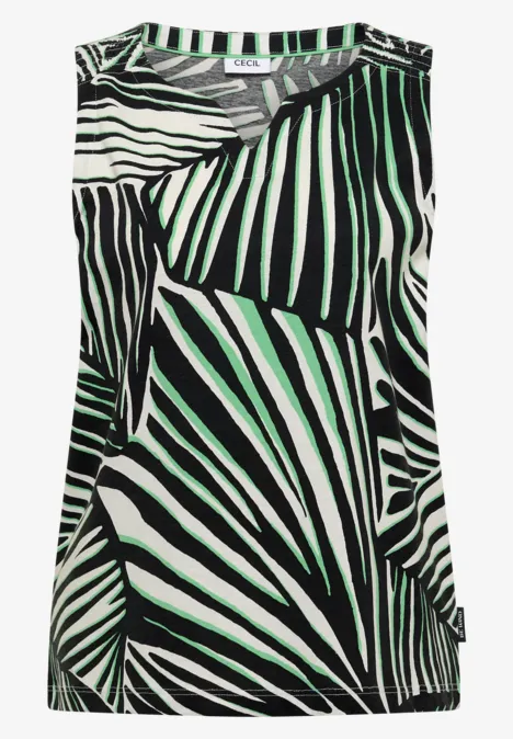 Ärmelloses Damen-Top mit schwarz-weißen Zebramuster und grünen Streifen