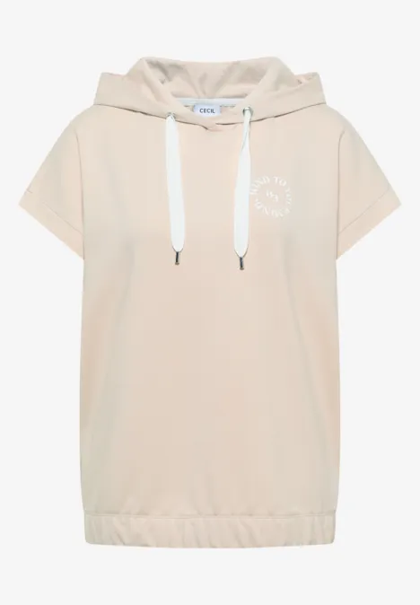 Ärmelloser, beiger Kapuzenpullover mit Kordelzug am Hals und elastischem Saum.