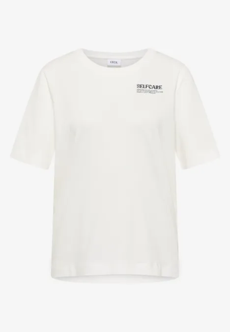 Witte T-shirt met korte mouwen en klein zwart logo op de linkerborst