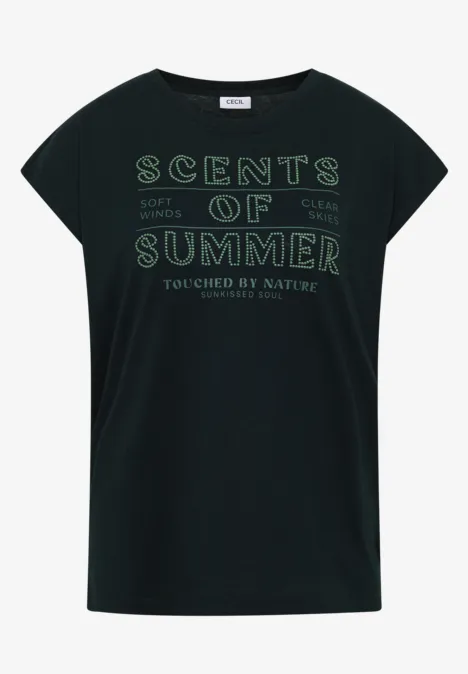 Zwart T-shirt met korte mouwen en groene opdruk 'SCENTS OF SUMMER touched by nature'.