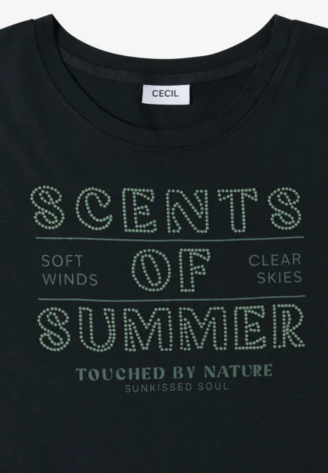 Zwart T-shirt met ronde hals en groene tekstprint 'SCENTS OF SUMMER' van CECIL