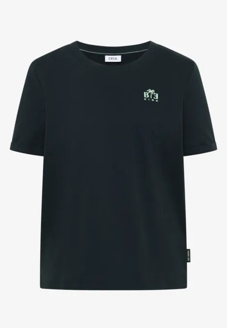 T-shirt noir à col rond avec petit logo vert clair et blanc sur la poitrine