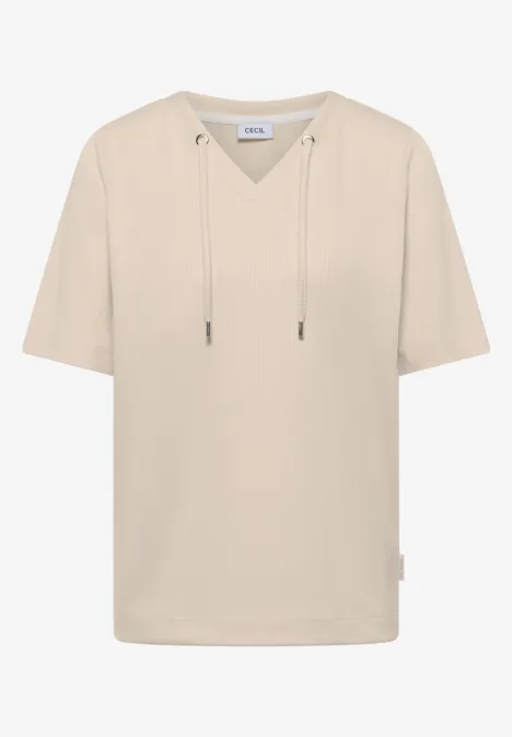 Beiges Kurzarm-Kapuzen-T-Shirt mit V-Ausschnitt und Kordelzügen.
