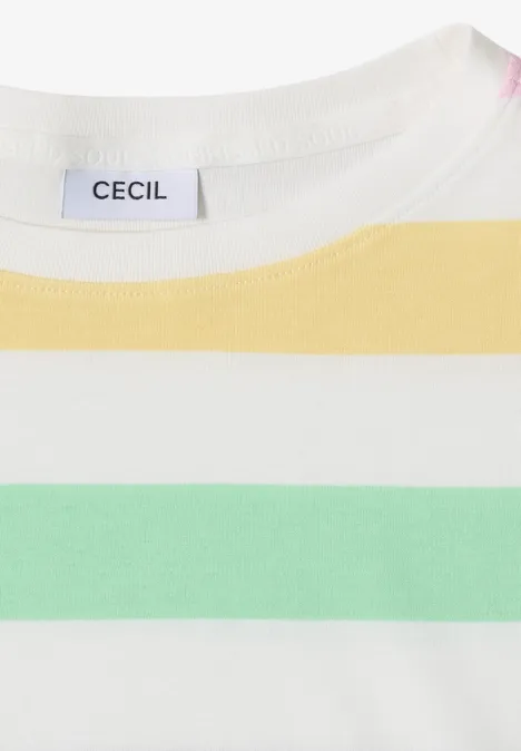 Weißes T-Shirt mit pastellfarbenen, horizontalen Streifen in Gelb, Mintgrün und Rosa sowie Rundhals.