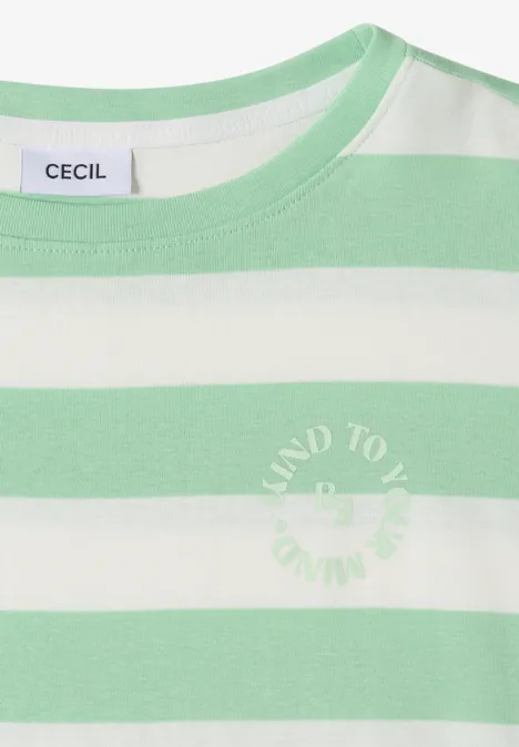 Kort mouw T-shirt in wit en lichtgroen met horizontale strepen, ronde hals, 'Cecil'-label en subtiele frontprint.