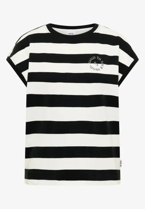 Zwart-wit gestreept T-shirt met korte, omgeslagen mouwen en klein logo op de borst.