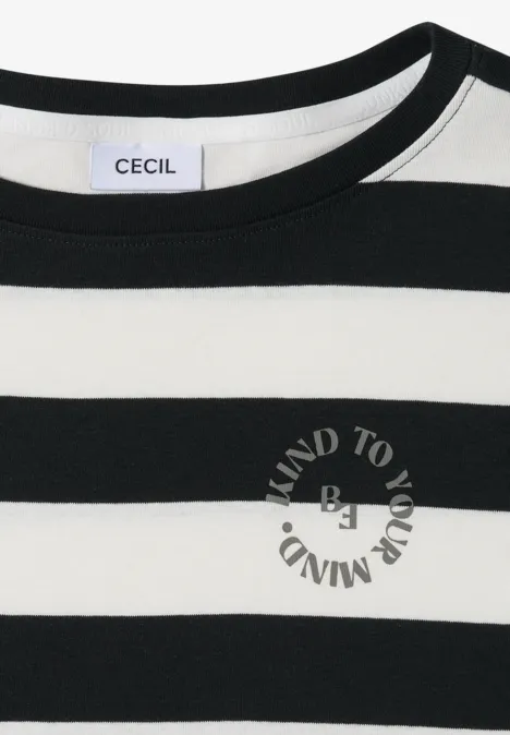 Zwart-wit gestreept T-shirt met 'CECIL'-label in de hals en ronde 'MIND TO YOUR MIND'-print voorop.